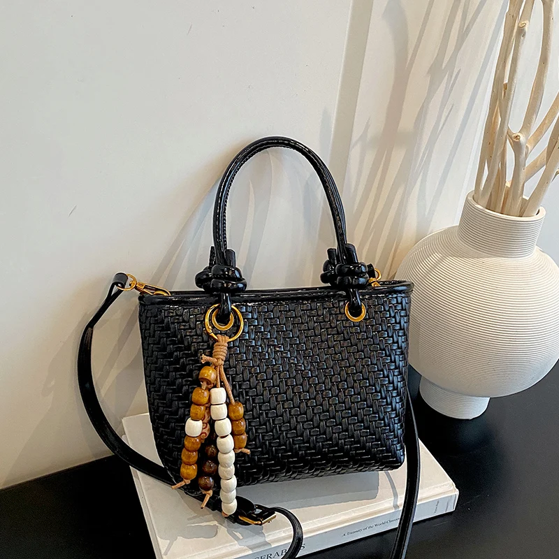 Retro Woven PU Leather Women Tote Bag With Bead Charm Adjustable Strap Handbag Crossbody Shoulder Bag For  Shopping Daily Use