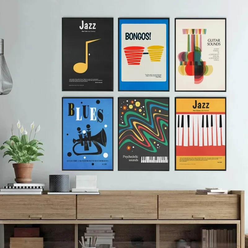 Piano Guitar Sax Instrument Retro Graffiti Posters Canvas Painting Prints Wall Art Jazz Music Quotes Picture for Room Home Decor