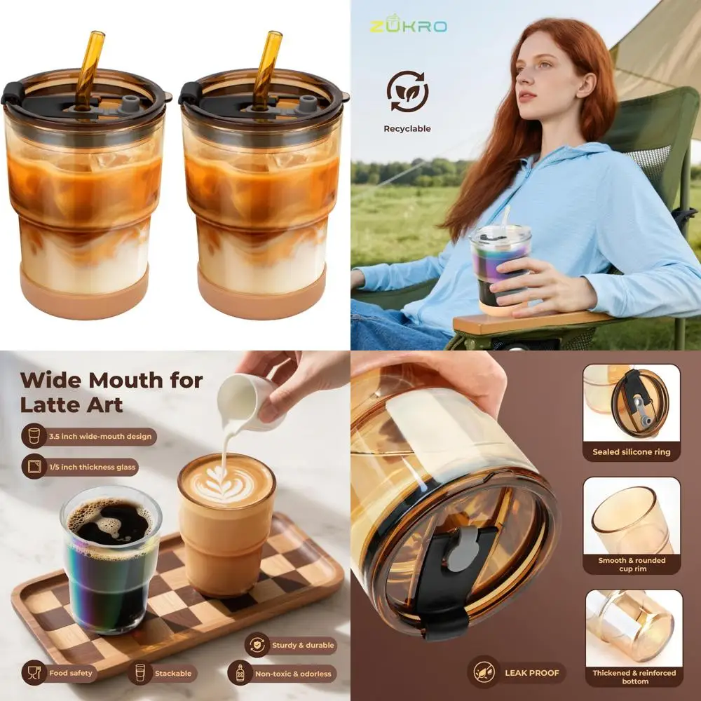 

Стеклянные кофейные чашки со льдом на 13 унций/400 мл с крышками и соломинкой | Герметичный многоразовый милый стеклянный стакан для кофе с толстыми стенками и силиконом b