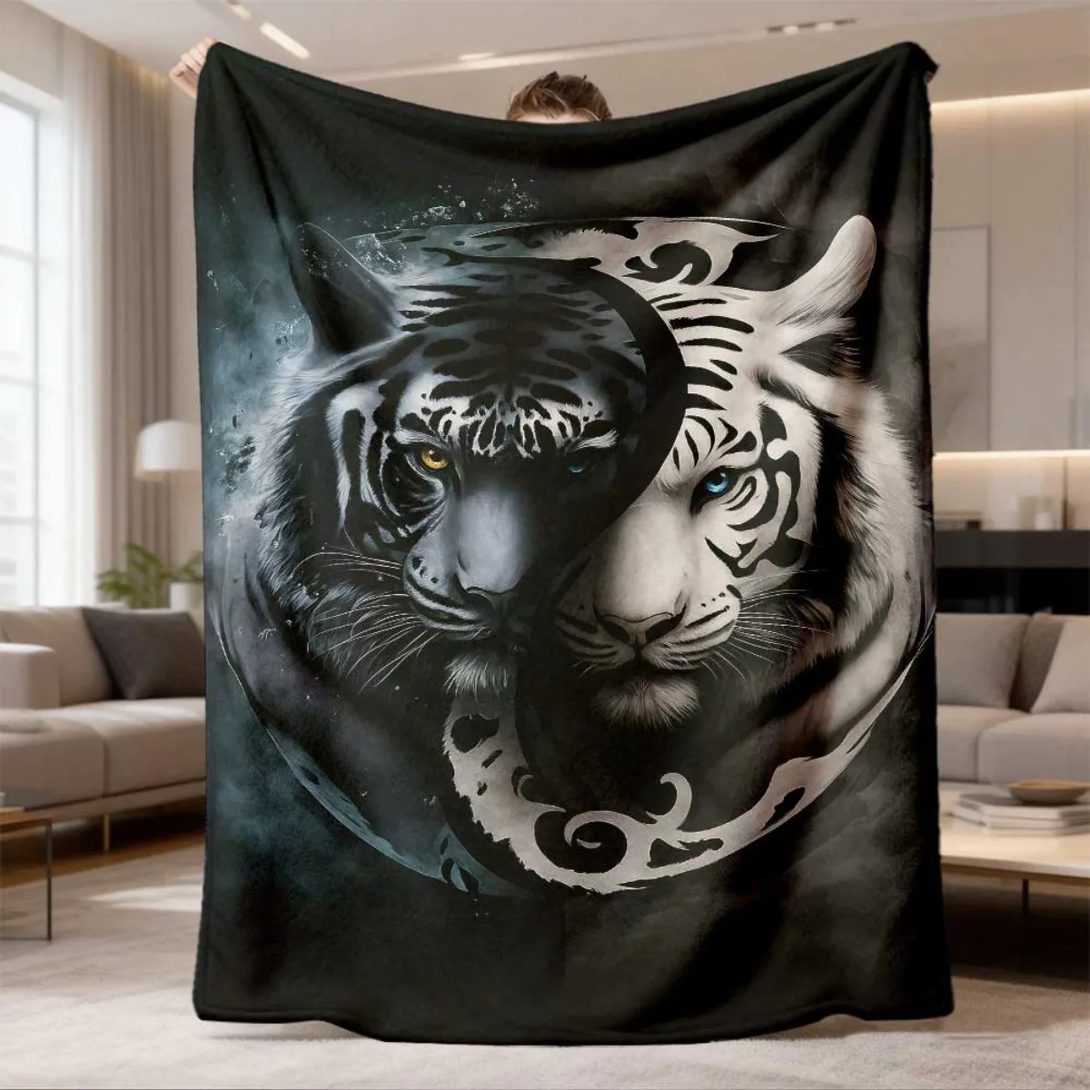 Yin Yang Tiger Throw Blanket  Black and White Twin Tigers Mystical Wildlife Art Dark Background Decor for Couch Blanket