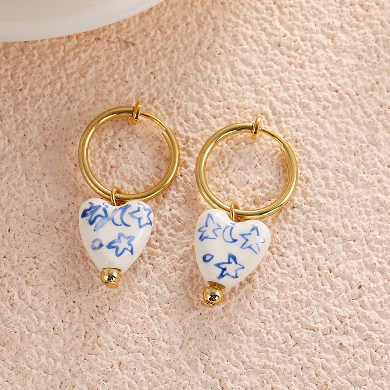 Creative Hand Painted Ceramic beads Heart Love Pendant Charm Clip Earrings for Women Stainless Steel Hoop Earrings Jewelry 2023
