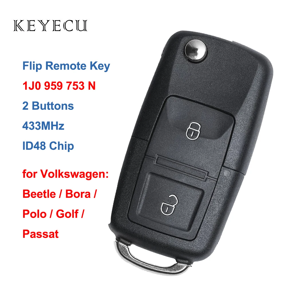 1J0 959 753 N 1J0959753N Flip Remote Car Key Fob 2 Buttons 433MHz ID48 Chip for Volkswagen VW Passat Golf Beetle Bora