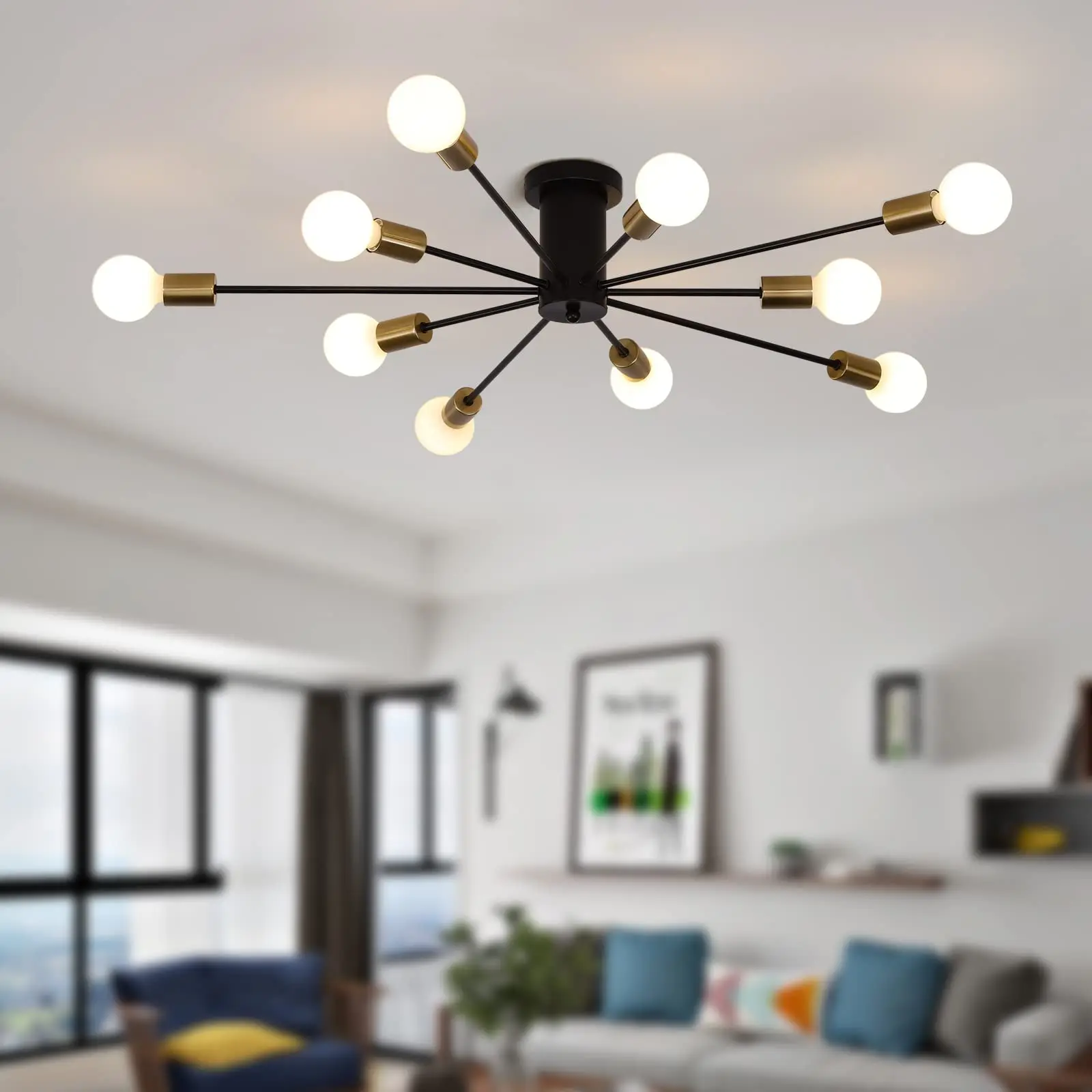 

Modern Sputnik Ceiling Light, 10-Light Mid Century Sputnik Chandelier Semi Flush Mount Ceiling Light for Room Room(Black+Gold)