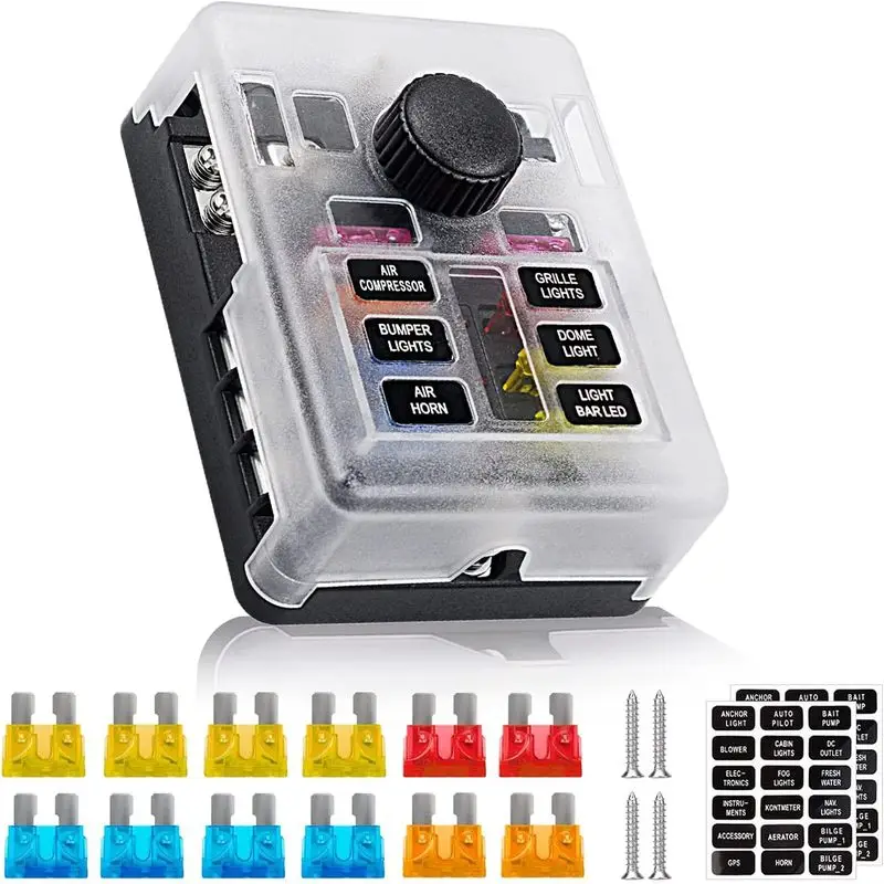 6 Way Blade Fuse Block Holder Waterproof 12‑24V Negative Bus LED Indicator For Car Truck Boat Golf Cart RV