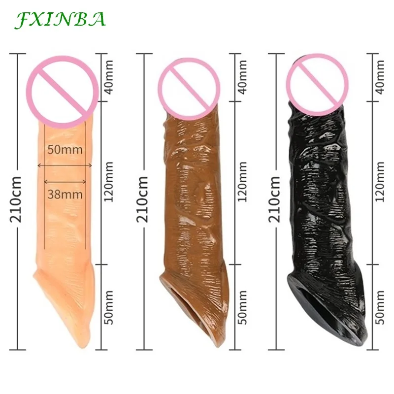 FXINBA 21cm Realistic Penis Sleeve Extender Large Reusable Penis Condom Delay Silicone Extension Sex Toy for Men Cock Enlarger