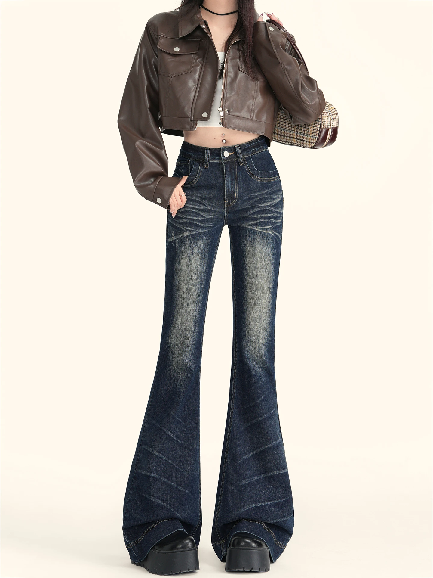 

American Retro Blue Bell Bottom Jeans Women Winter New High Waist Slimming Design Sense Bell Pants Cotton Polyester Blend