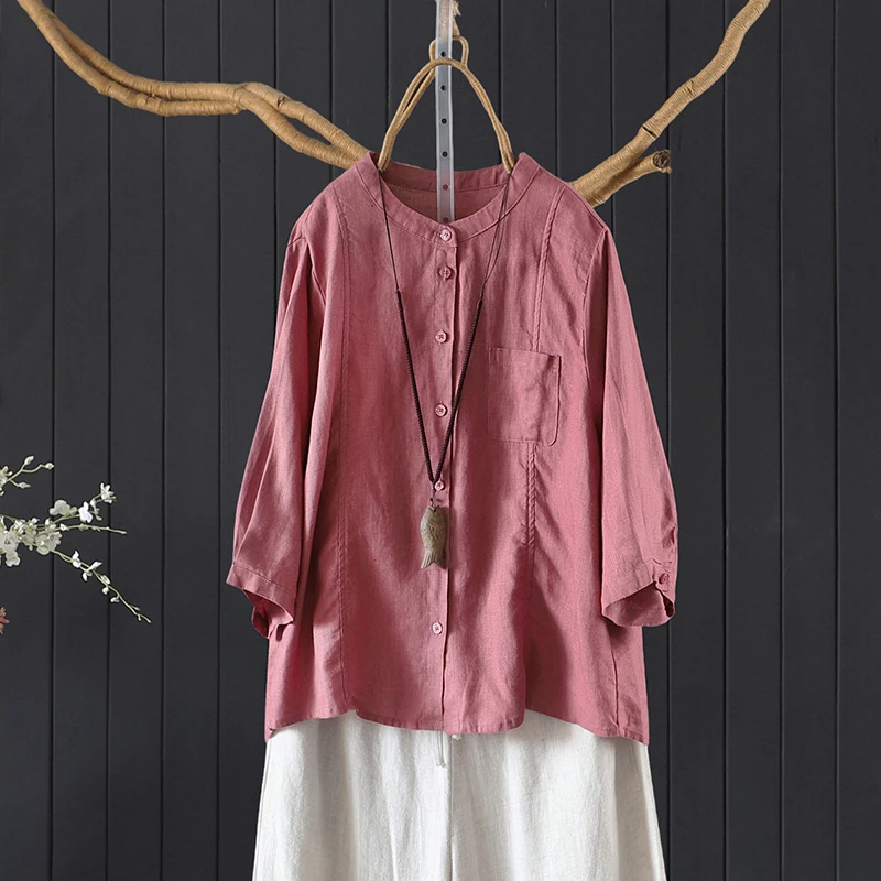 

100% Linen Women Casual Shirt New Arrival 2026 Summer Simple Style Stand Collar Solid Color Loose Female Tops Shirts M2395