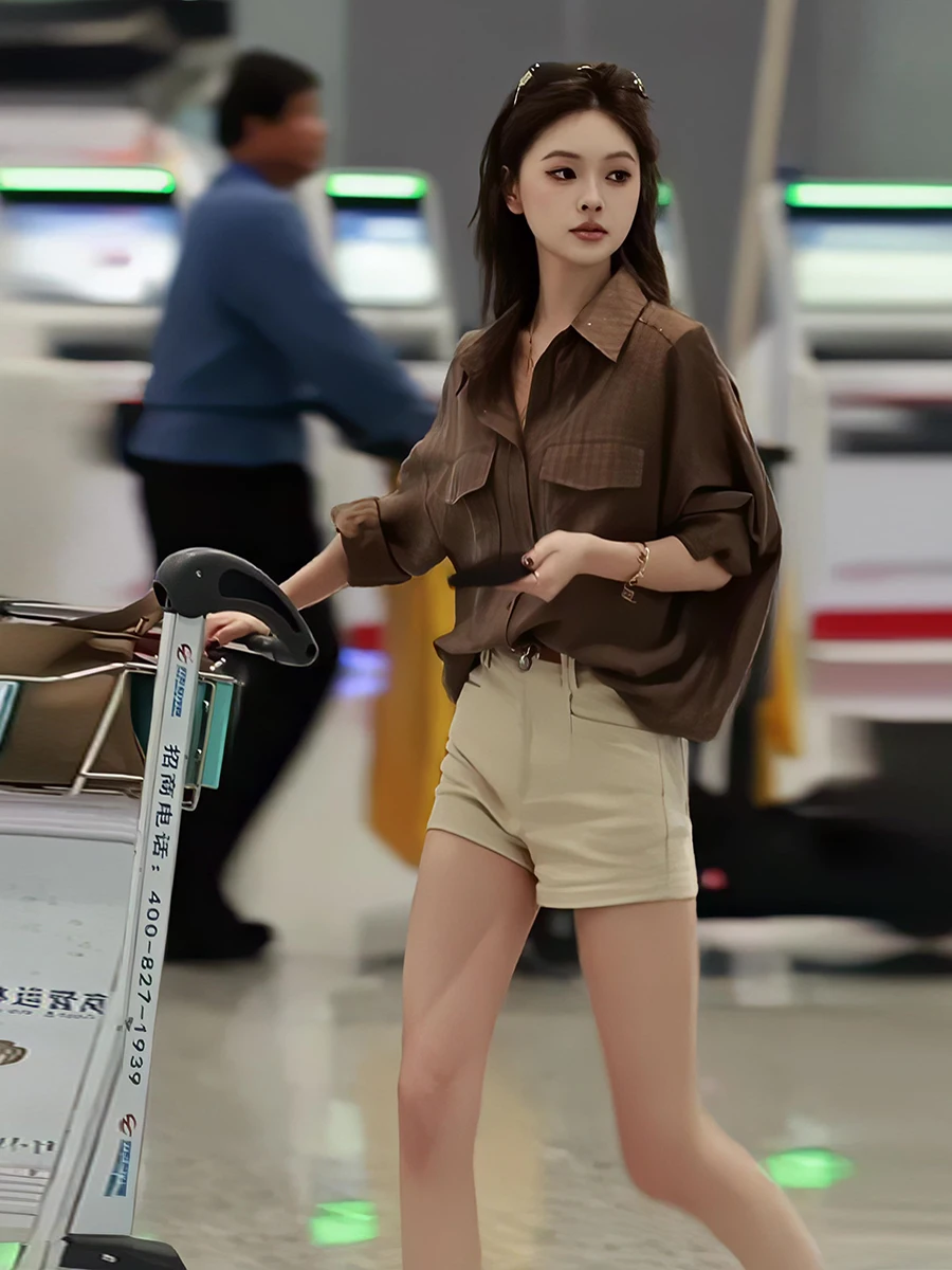 

Sun Protection Heavy Duty Rhinestone Printed Women's Shirt High Waist Slim Fit Shorts Two Piece Set Summer New Style Khaki