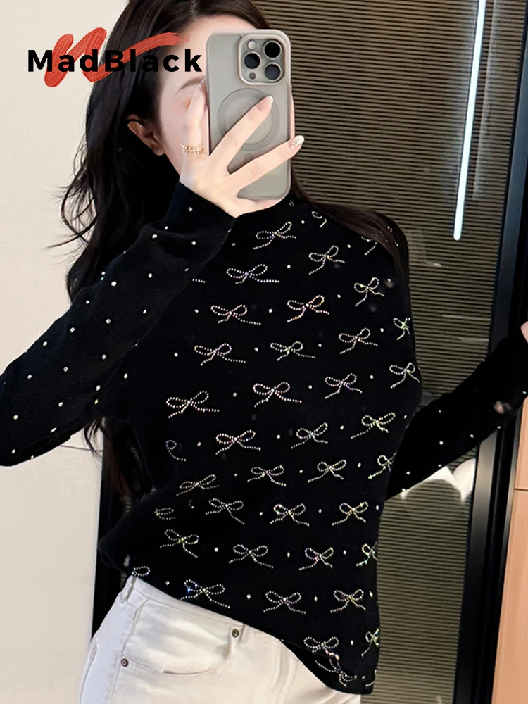 

MadBlack-Women's European Sweater, Sexy Turtleneck Bow Diamond, Fashion Long Sleeve Slim Knitwear, 2025 Autumn Winter T5O011CC