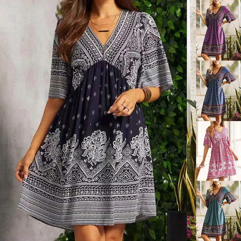 Fashion Short Sleeve Ethnic Style Print Mini Dress Women 2025 Summer Casual  Holidays Boho Dresses For Women Robe Femme