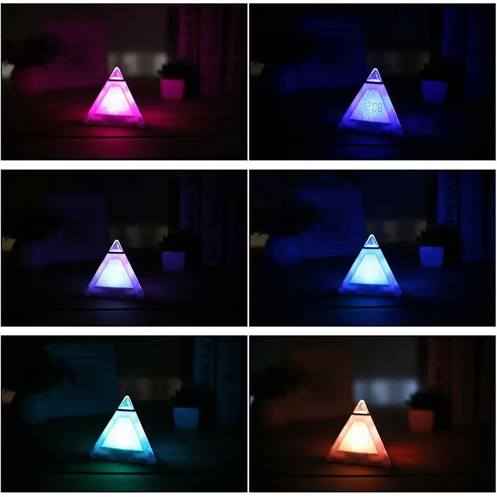Modern Pyramid LED Alarm Clock with 7 Color Night Light, Music Alarm  Snooze & Adjustable Brightness  Digital Triangle Desk Clock for Bedroom
