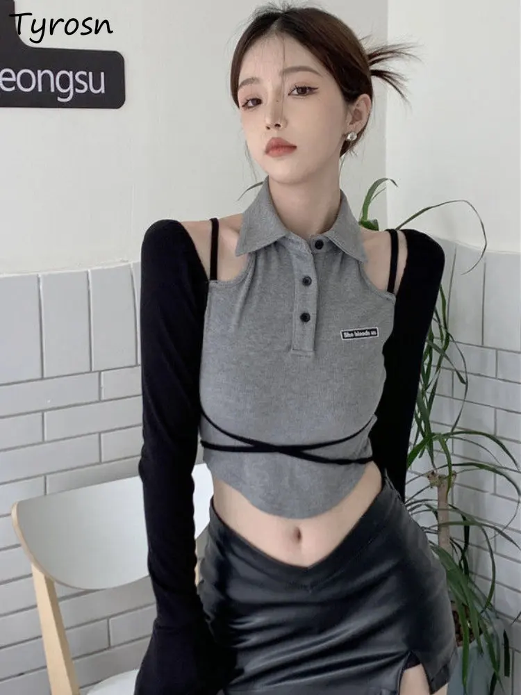 T-shirts Women Cropped Sexy Creativity Design Personality Hot Girls Casual All-match Korean Style Stylish Spring Patchwork Slim