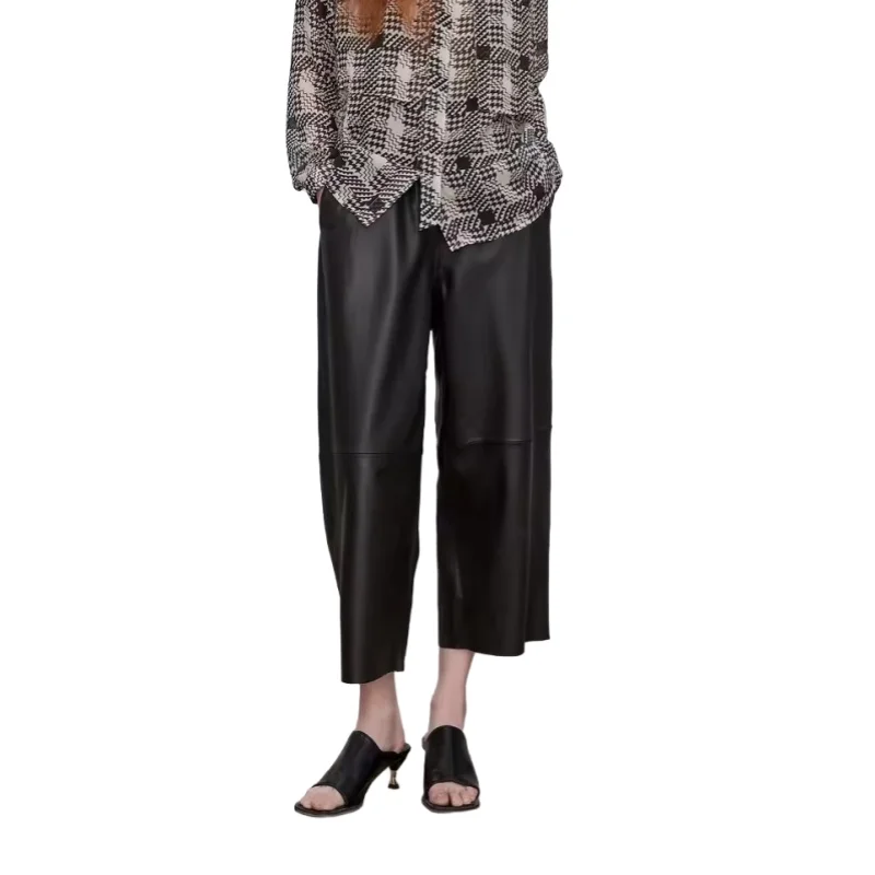Women's Leather Pants, Ankle Length, Genuine Sheepskin Pants, Wide Leg Haren Pants, Elastic Waist, Spring and Autumn