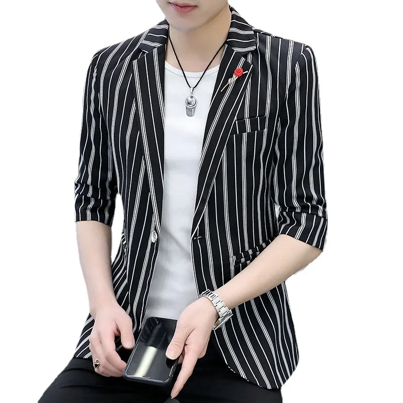 Boutique Fashionable and Comfortable All-match Medium-sleeve Striped Small Suit Youth Handsome Three-quarter Sleeve Suit Jacket