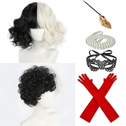 CRUELLA Deville De Vil Black White With Bangs Short Bob Heat Resistant Hair Wig Cosplay Halloween Costume Party Wig + Wig Cap