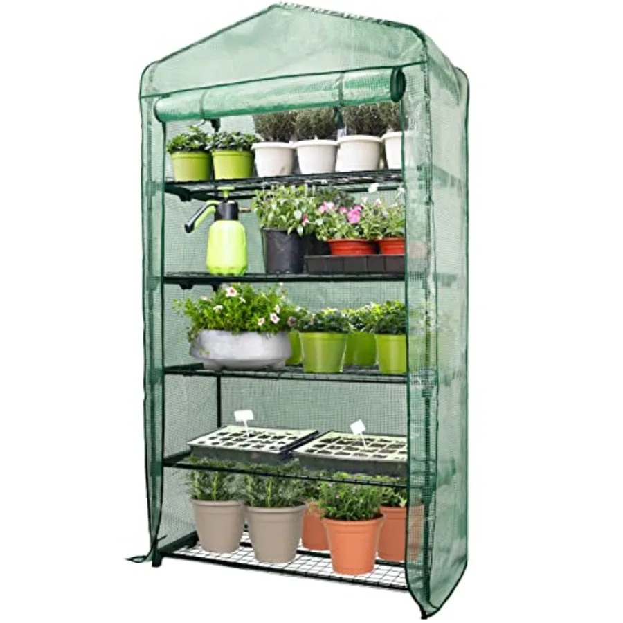 

Garden portable plant greenhouse for indoor outdoor use, steel frame with green PVC cover, 5-tier sturdy shelving, roll-up zip