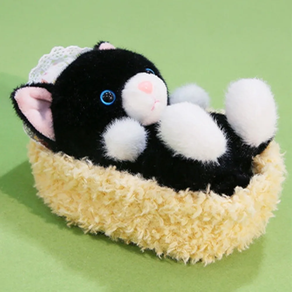 クリエイティブな寝かしつけ用バスケット、黒猫のぬいぐるみ、ふわふわした猫のぬいぐるみ、ふわふわした猫の置物、家の装飾