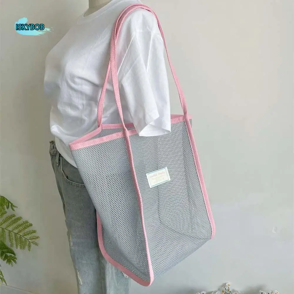 

Breathable Mesh Tote Bag Large Capycity Fluorescence Color Beach Grid Handbag Transparent Nylon Hollow Out Shoulder Pouch Travel
