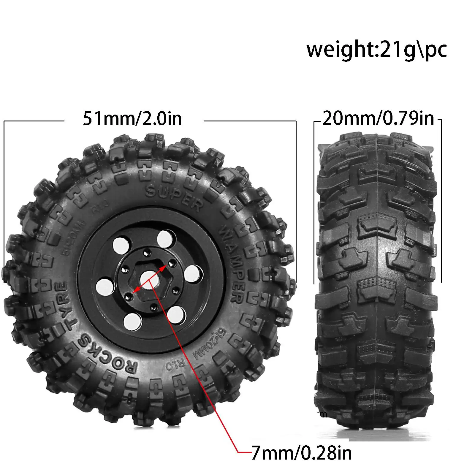 비드락 금속 휠 림 타이어 고무 타이어 세트, Trax/as 1/18 Trx-4m Defender Bronco 1/24 Axial Scx24 Fms24, 51mm 1.0 인치, 4 개