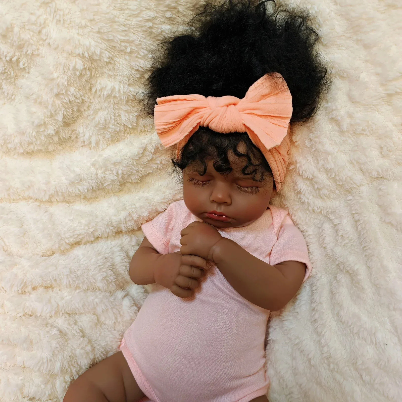 

19inch LouLou Dark Skin Soft Cloth Body Lifelike Newborn Reborn Doll Multiple Layers Painting 3D Skin with Hand Root Curly Hair