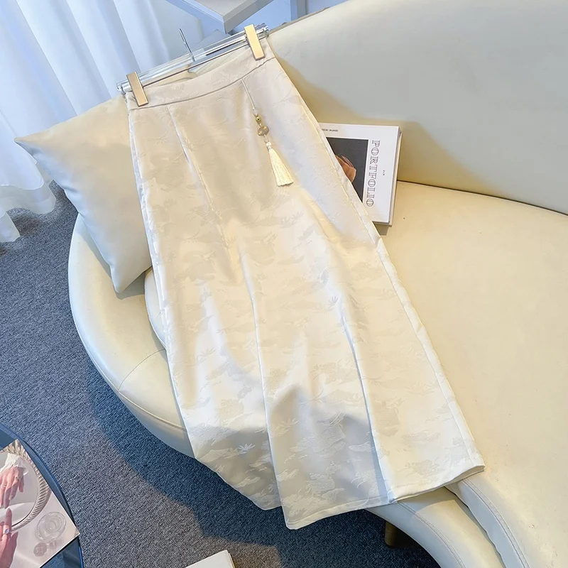 Gonna longuette a vita alta da donna Primavera Autunno Taglia grande A-Line Dritto Acetato Raso Ricamo Cinese Sle Pendolarismo