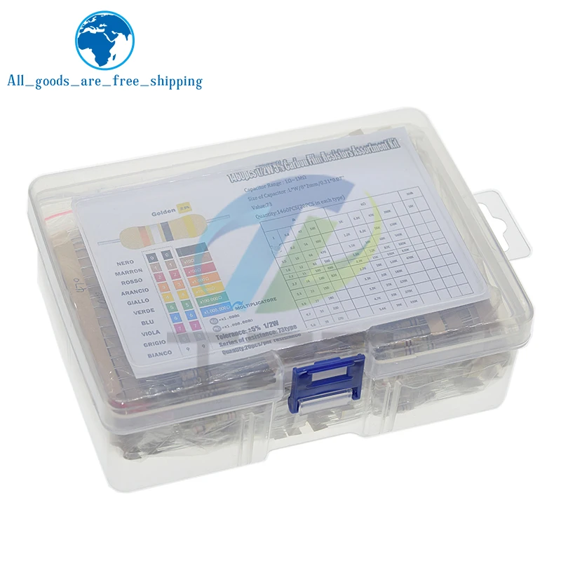 

TZT 1460Pcs 1/2W Carbon Film Resistor Assortment Kit Set 5% 73 Value*10Pcs Resistors Kit 1R-150K-1Mohm Color Ring Resistance