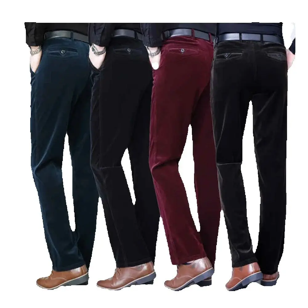 남성용 하이웨이스트 코듀로이 팬츠 가을 겨울 비즈니스 플란넬 바지 신축성 있는 허리 편안한 착용감 플란넬 바지