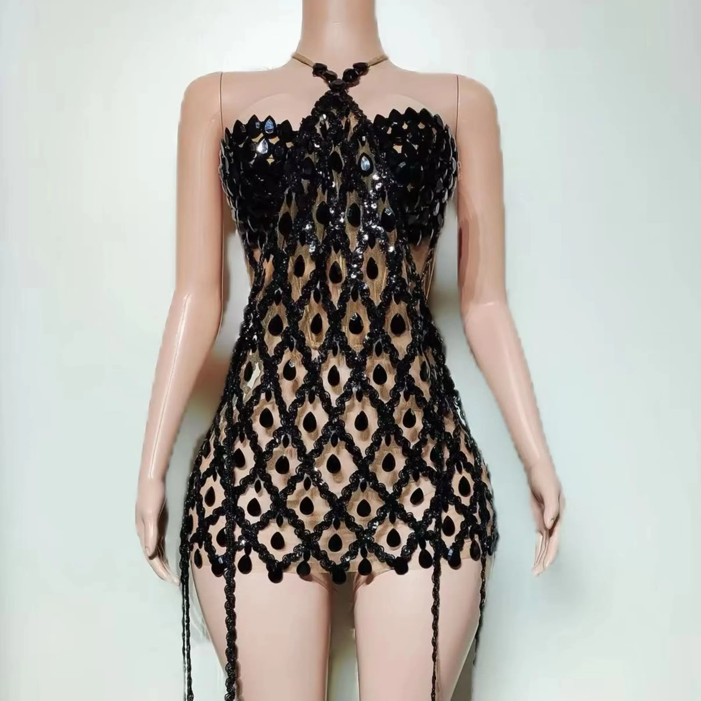Women's Sexy Mini Dress Black Rhinestones Mesh Club Party Birthday Nightclub DJ Singer Stage Performance Fashion Costume