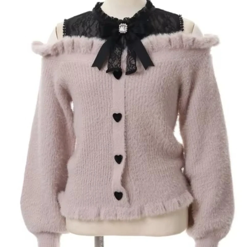 2026 New Sweet Cute Autumn Winter Woolen Off Shoulder Lace Slim Short Sweater,Soft Furry Knitted Pullover Women J-fashion