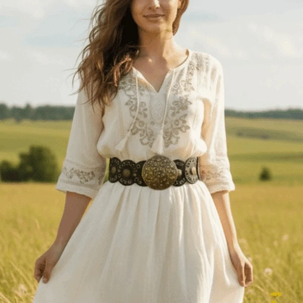 

Fashion Alloy Ethnic Style Rivet Belt Y2K Strap Buckle Concho Wide Belt Punk Exaggerated Disc PU Hollow Waistband Grassland