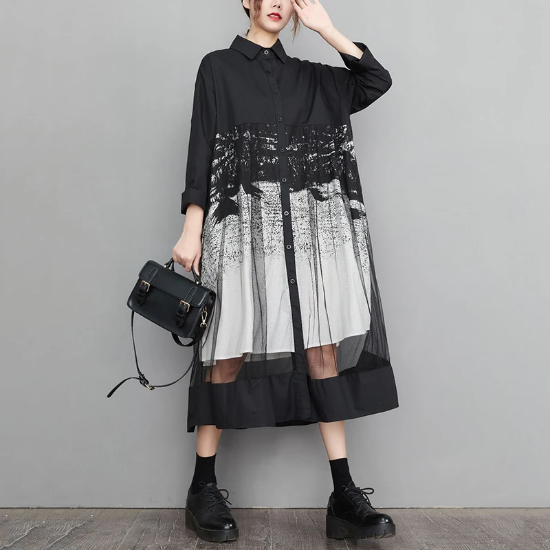 Mesh Patchwork Print Shirt Dresses For Women Long Sleeve Loose Casual Vintage Dress Fashion Elegant Clothing Spring Autumn 2026