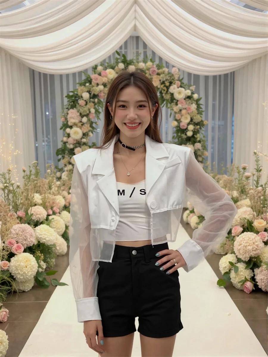 Sonnenschutz, abgeschnittene, durchsichtige Blazer mit Rückenschlitz, elegante Damenkleidung für Frauen, pastoral, geknöpft, gepunktet, College-Dye-Femme