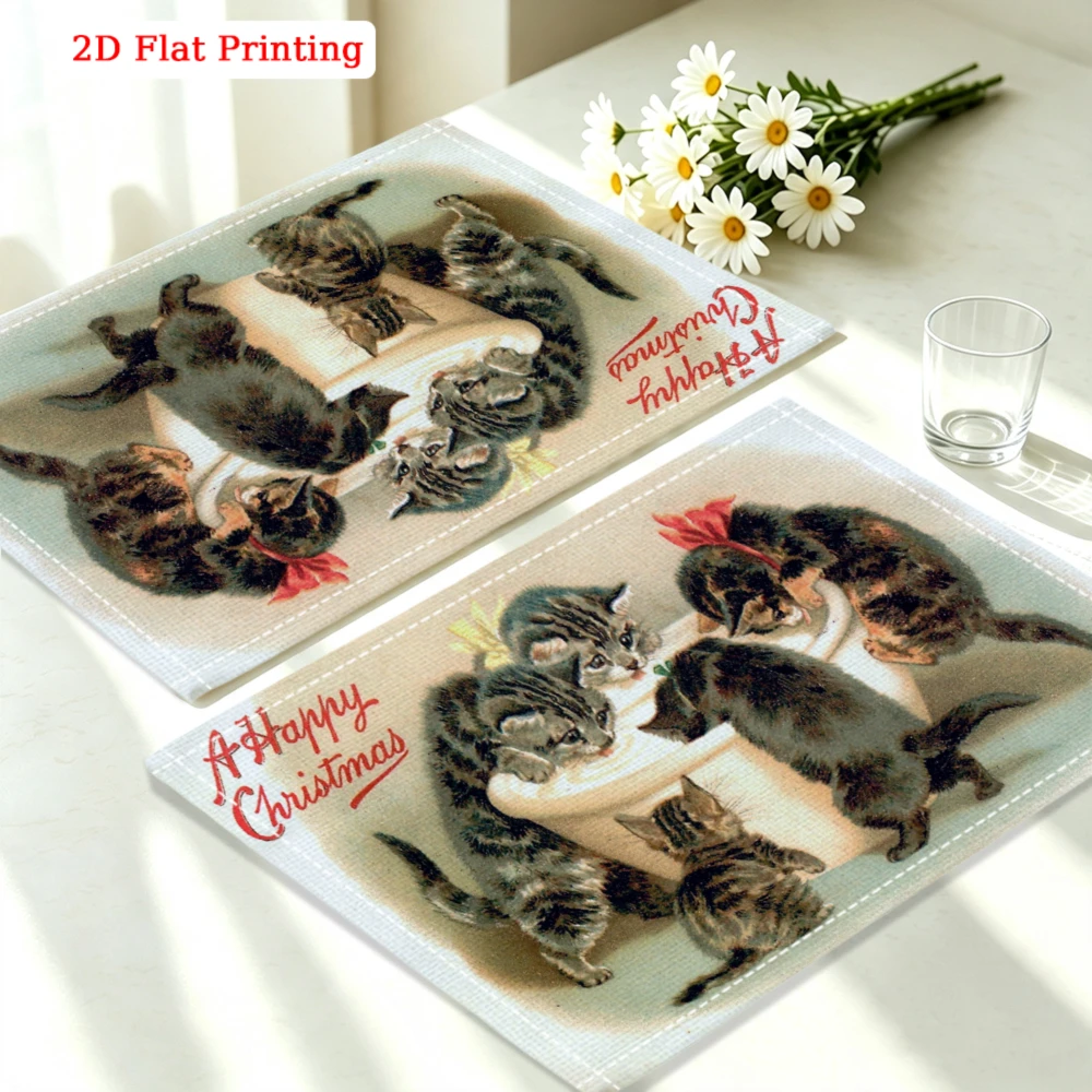 1pc Vintage Multicolor Kittens Christmas Print Placemat Kitchen Dining Decor 30x40cm