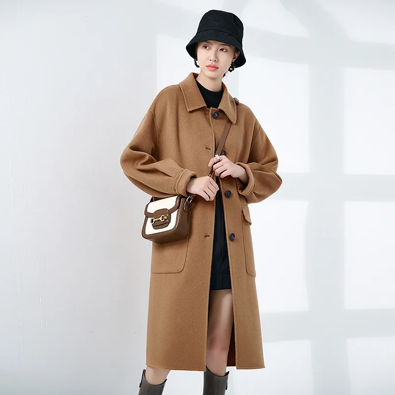 [High Quality] Cashmere Coat Women Winter Straight Tube Mid-Length Lapel Coat New Autumn Loose Soft 100% Cashmere Vintage Style