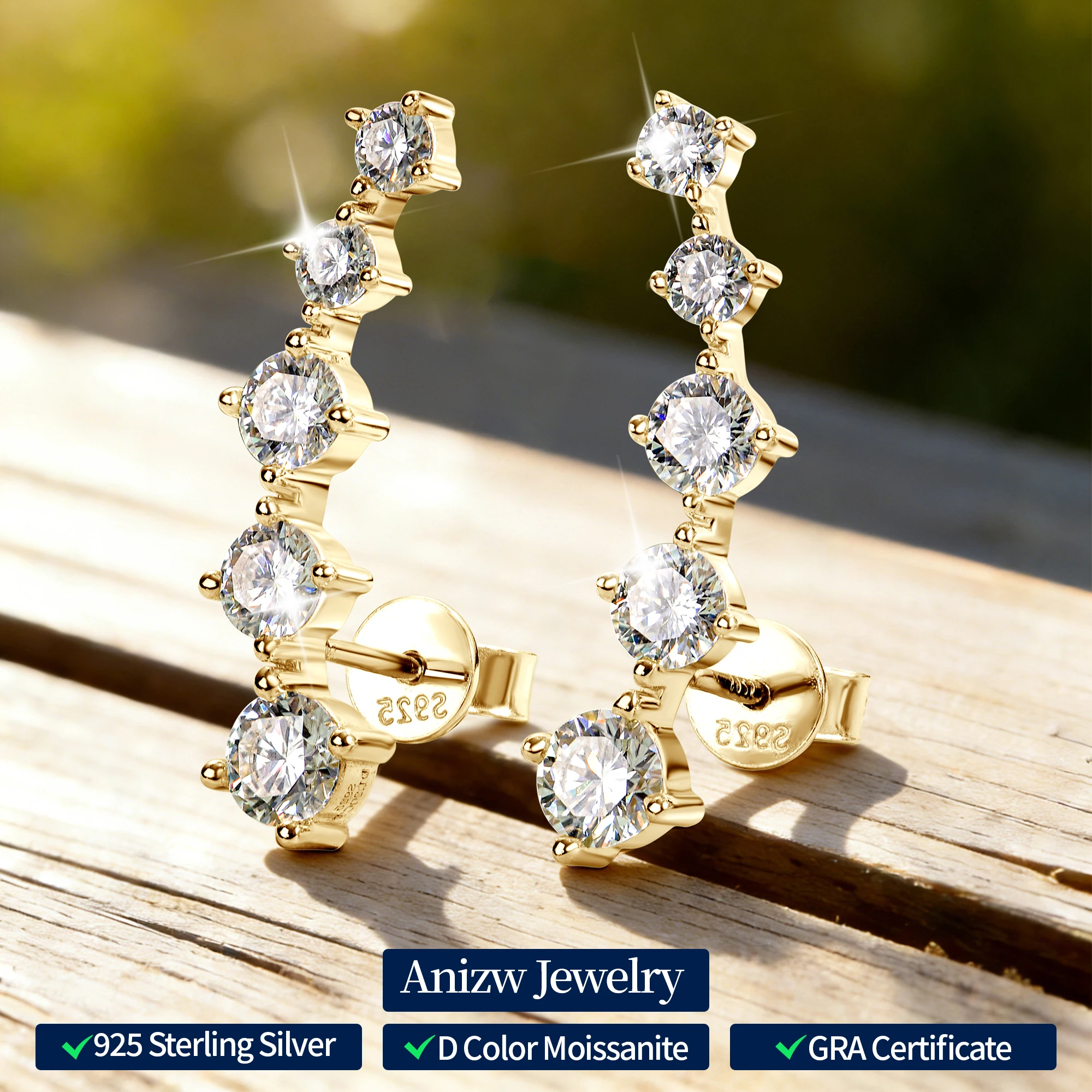 Anziw 4.5mm&4mm&3mm All Moissanite Earrings Climber for Women Men 925 Silver Stud Earrings Fashion 2025 Jewelry with Certificate