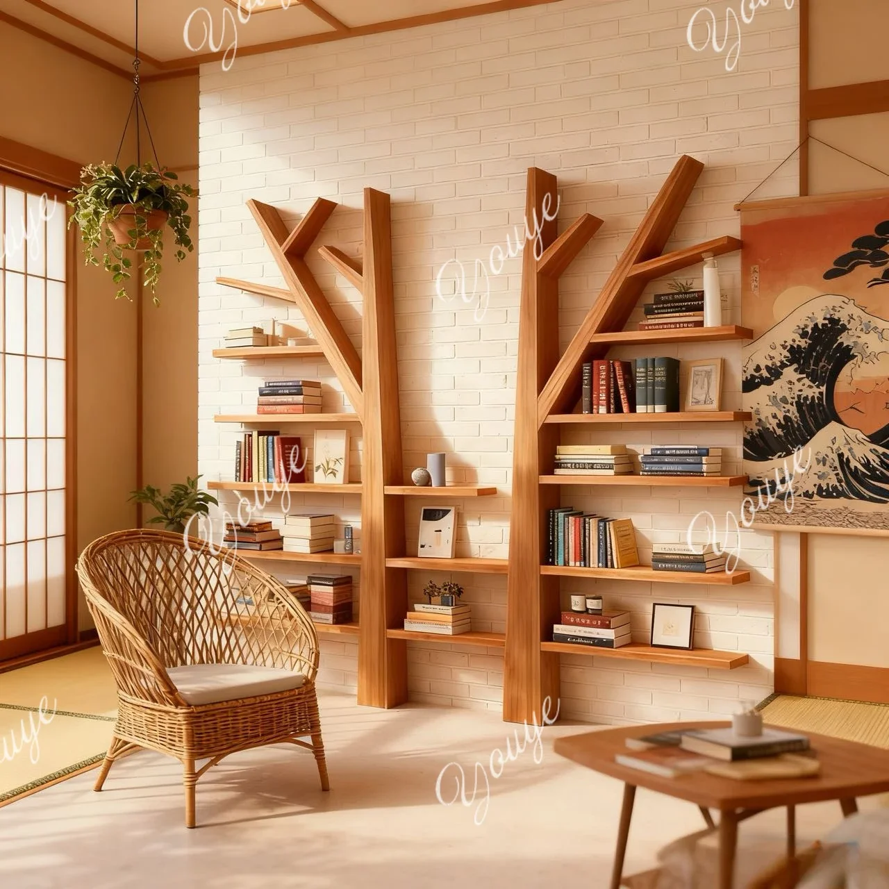 

K Nordic solid wood tree bookshelf creative living room floor rack household simple storage rack wall hanging