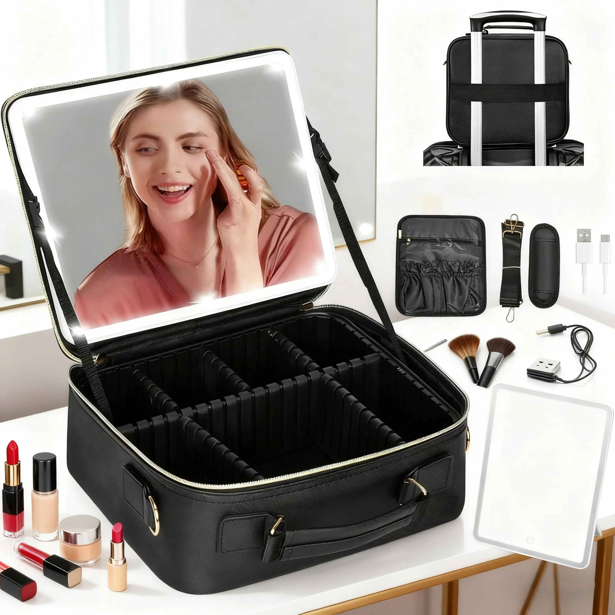 

Travel Cosmetic Bag with Led Mirror, Portable Makeup Organizer Bag Makeup Case Adjustable Should Strap Gifts for Mother Mom Girl