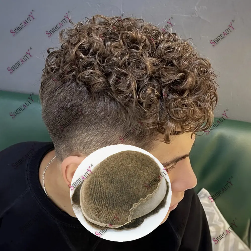 

20mm Male Curly Hair 100% Human Hair Toupee for Men Bleached Knots Q6 Swiss Lace 1B80Grey Blonde Men Capillary Prosthesis System