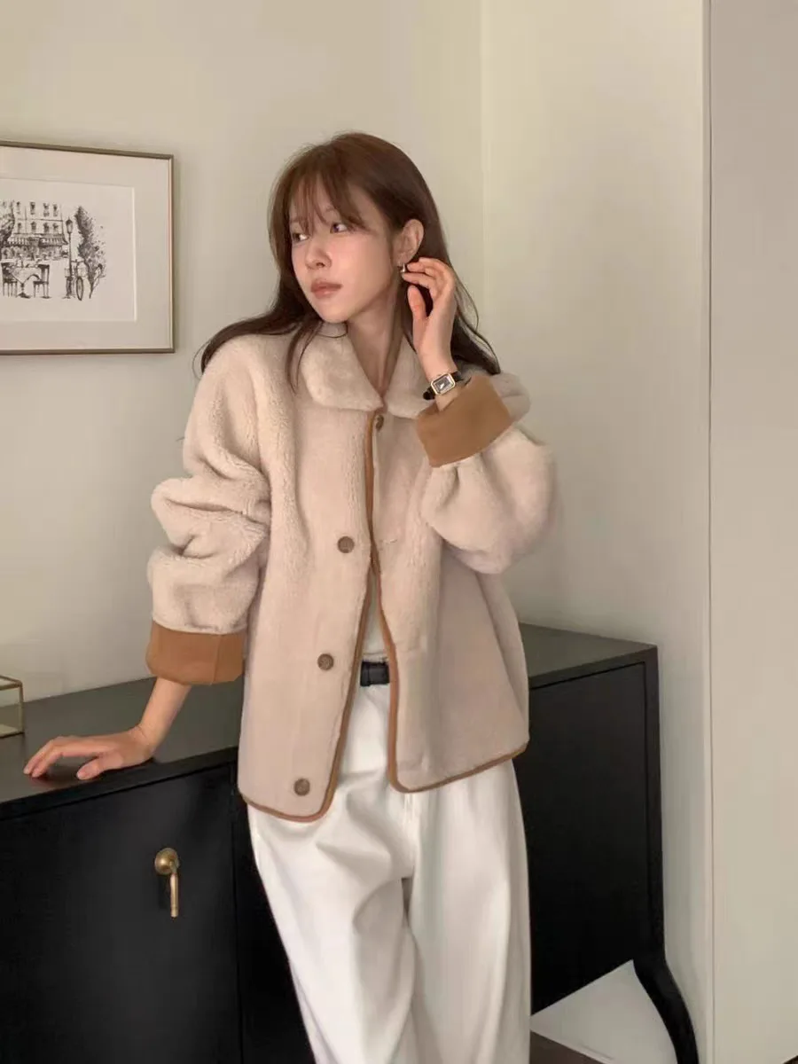 Koreanische Sle Damen Doppelseitige Kleidung Wildleder Jaet 2025 Winter Thiened Lange Sve Warmer Mantel Lose Fit Leder Pelz Inteated