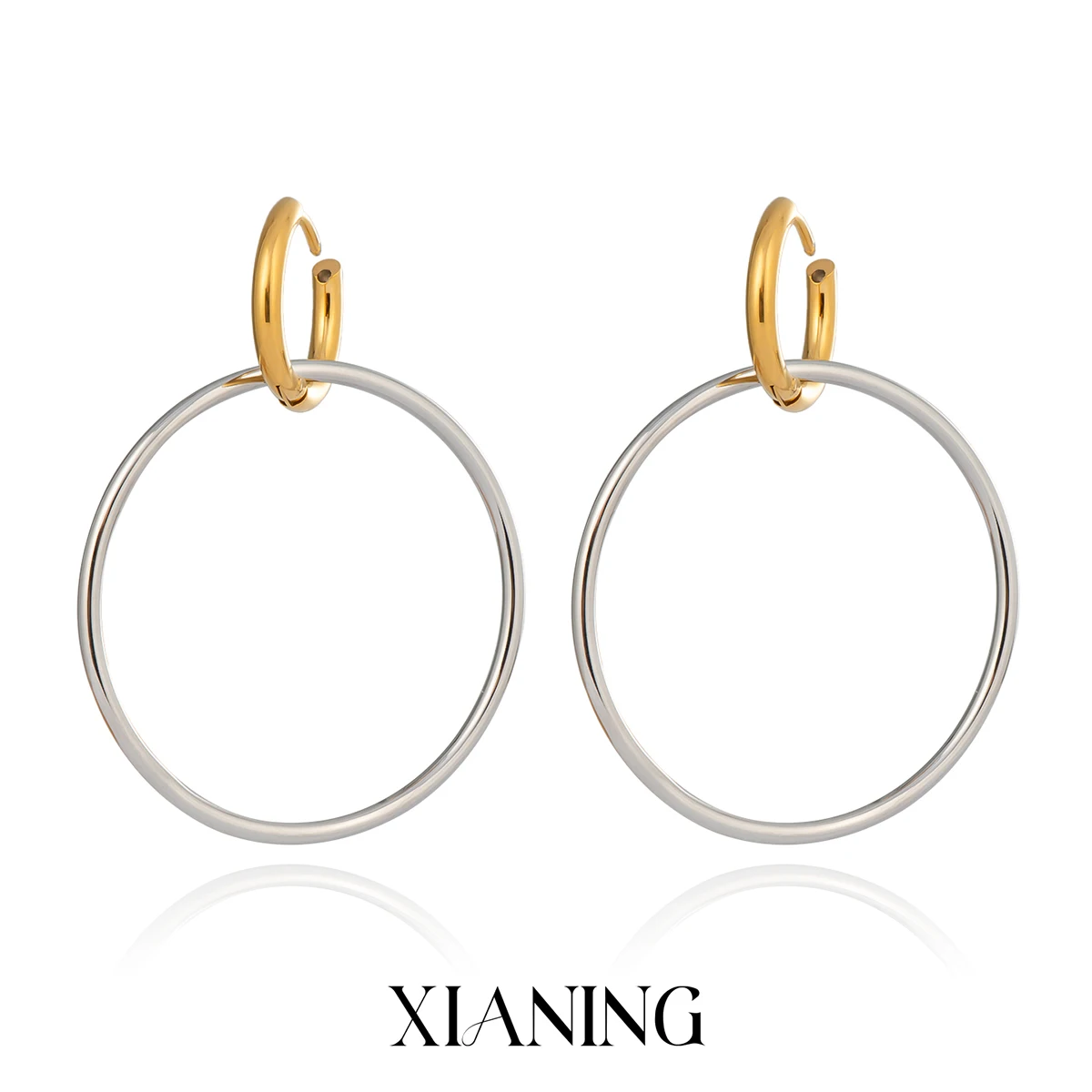 XIANING Minimalist Round Double Layer Hollow Stud Earrings for Women Stainless Steel Metal Versatile Statement Jewelry Gift