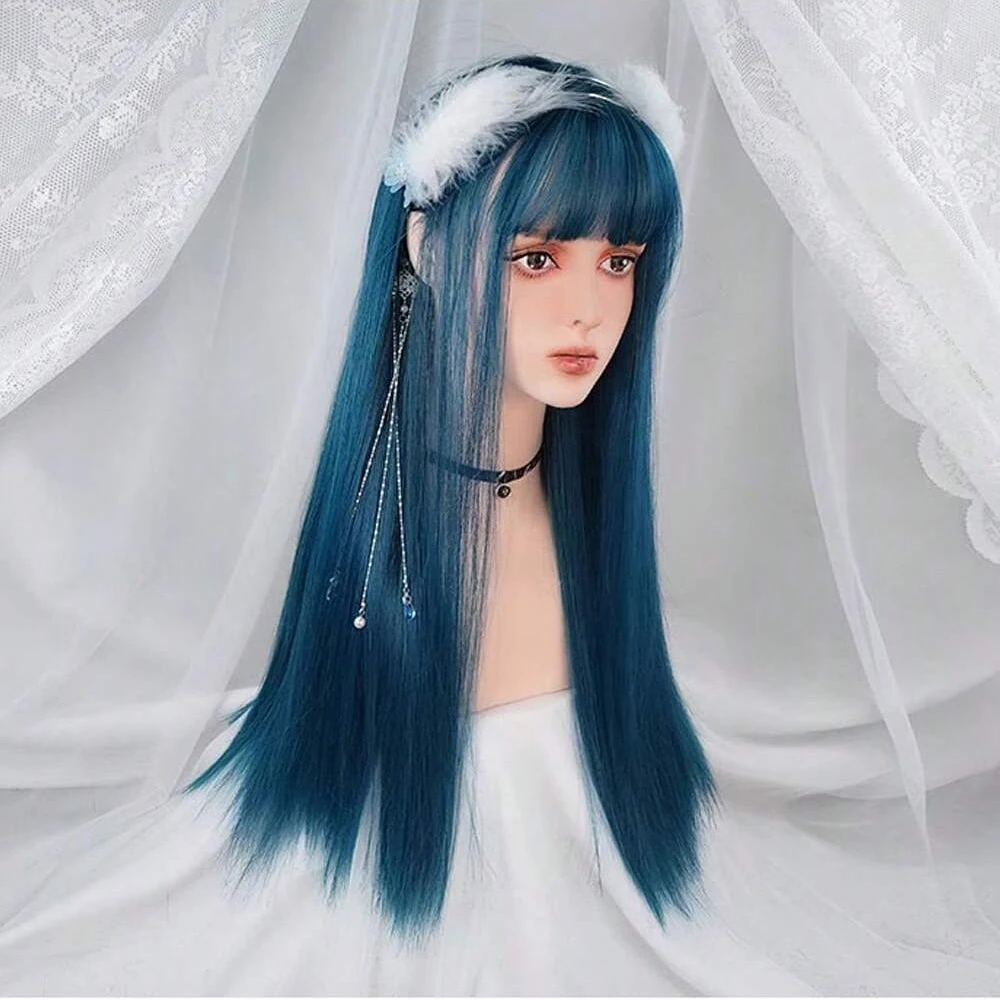 GAKA Dark Blue Long Straight Synthetic Lolita Cosplay Wig With Bangs For Women Party Darily Headgear Red Pink Blonde Hair