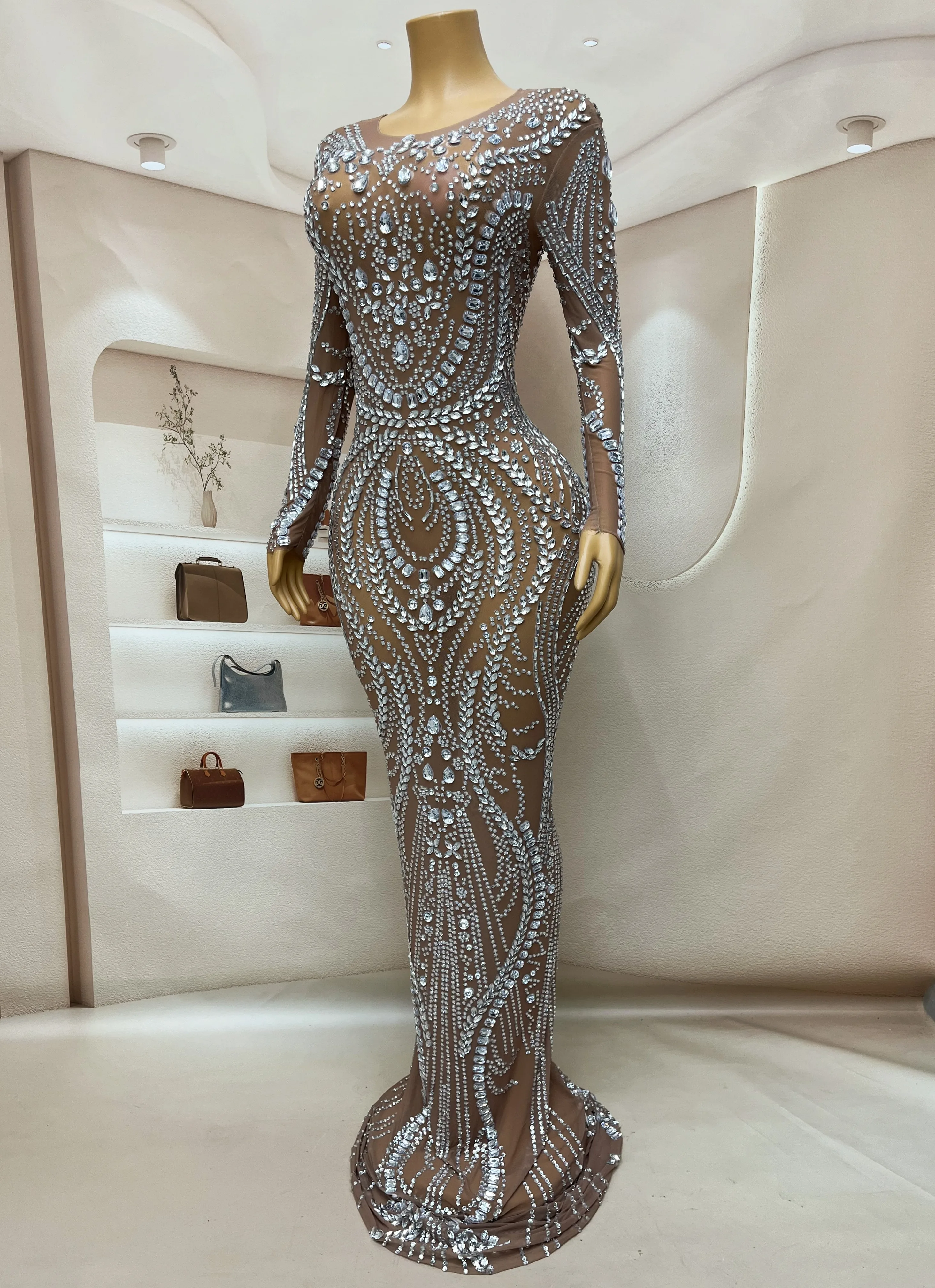 Sparkly Silver Rhinestones Long Sleeves Crystals Long Train Dress Nude Mesh Birthday Celebrate Costume Performance fulin