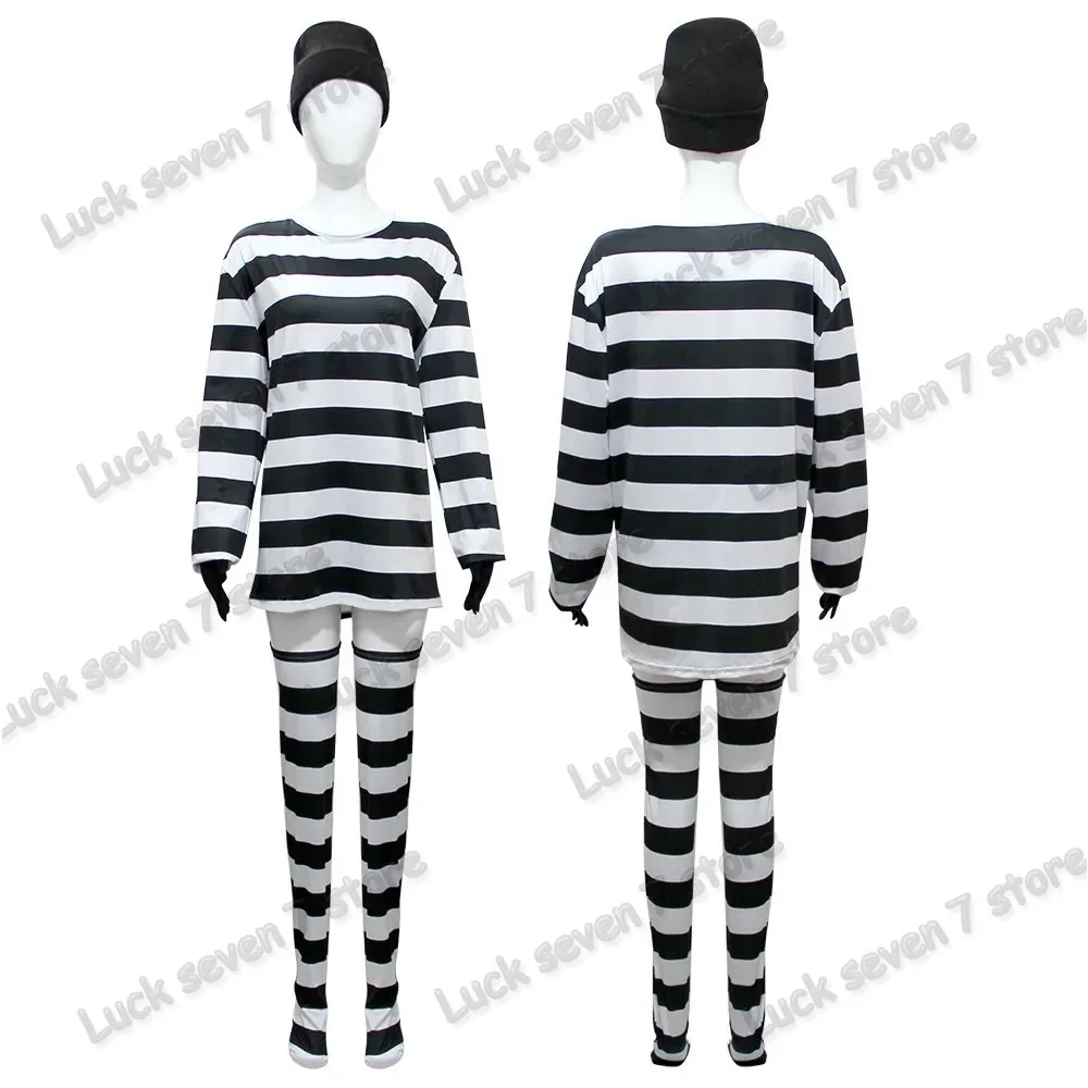 Thief Convict คอสเพลย์เครื่องแต่งกายผู้ใหญ่ผู้หญิง Stripe Top Stocking หมวกชุด Halloween Prisoner Carnival Party เครื่องแต่งกายชุด