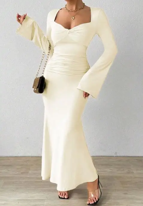 Vestido ajustado para mujer, novedad de verano, estilo, cuello en V, diseño plisado, estilo maduro, mangas de trompeta sexis, falda de cola de pez que abraza la cadera