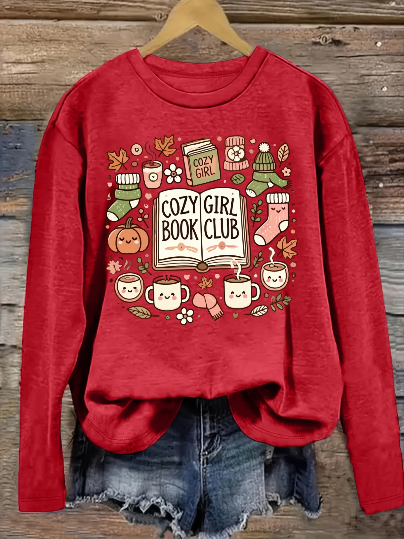 Women's Casual Long Sleeve Crew Neck T-Shirt Cozy Girl Book Club Autumn Design, Round Neck Women's Clothing, Machine Washable, Slightly Elastic, Loose Fit, Spring Autumn Winter Women's T-Shirt, Halloween Costume Outfit view 4