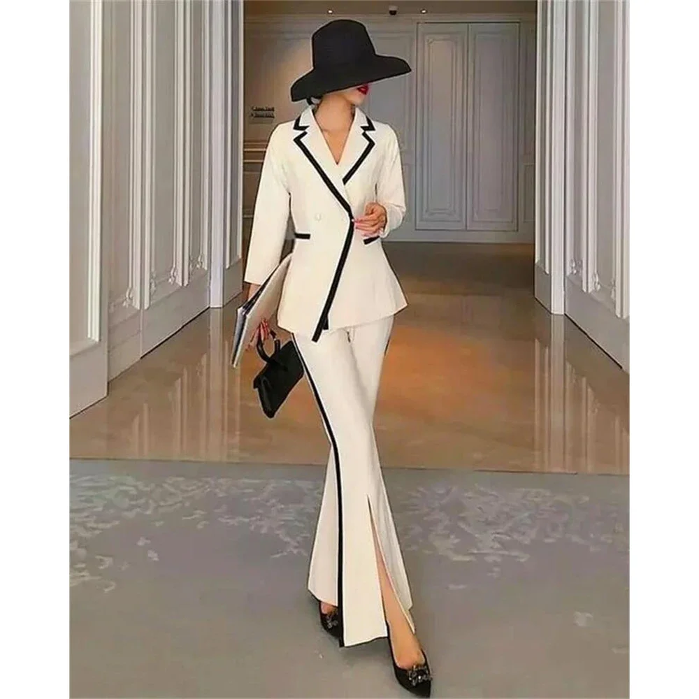 White And Black Women Suit Two Pieces Blazer+Split Flare Pants  Patchwork Color Elegant Office Lady Coat Jacket Custom Made Set