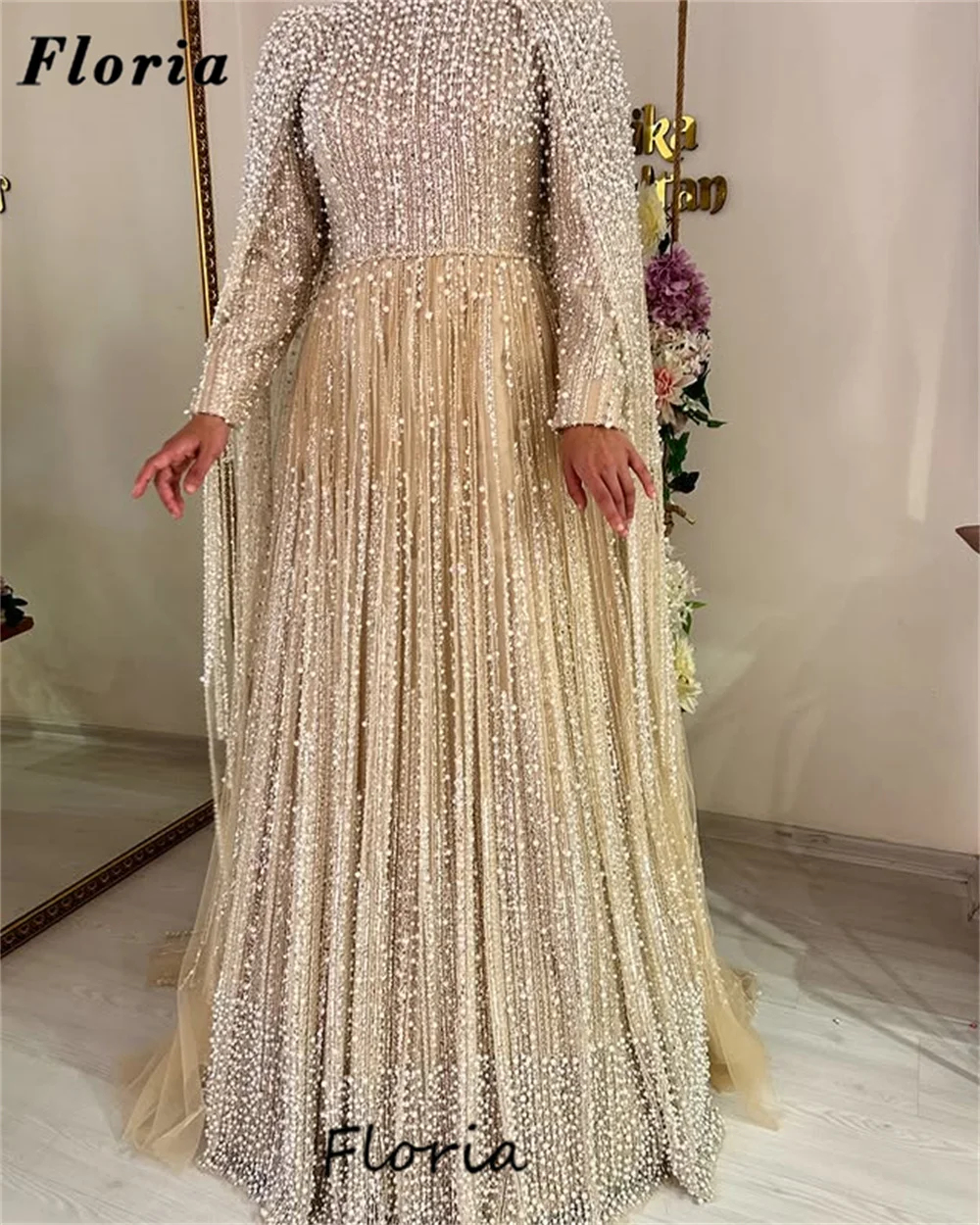 

Champagne Heavy Beaded Pearls Evening Dresses Customized 2025 Muslim Cape Long Sleeves Birthday Party Gowns Prom Reception Dress