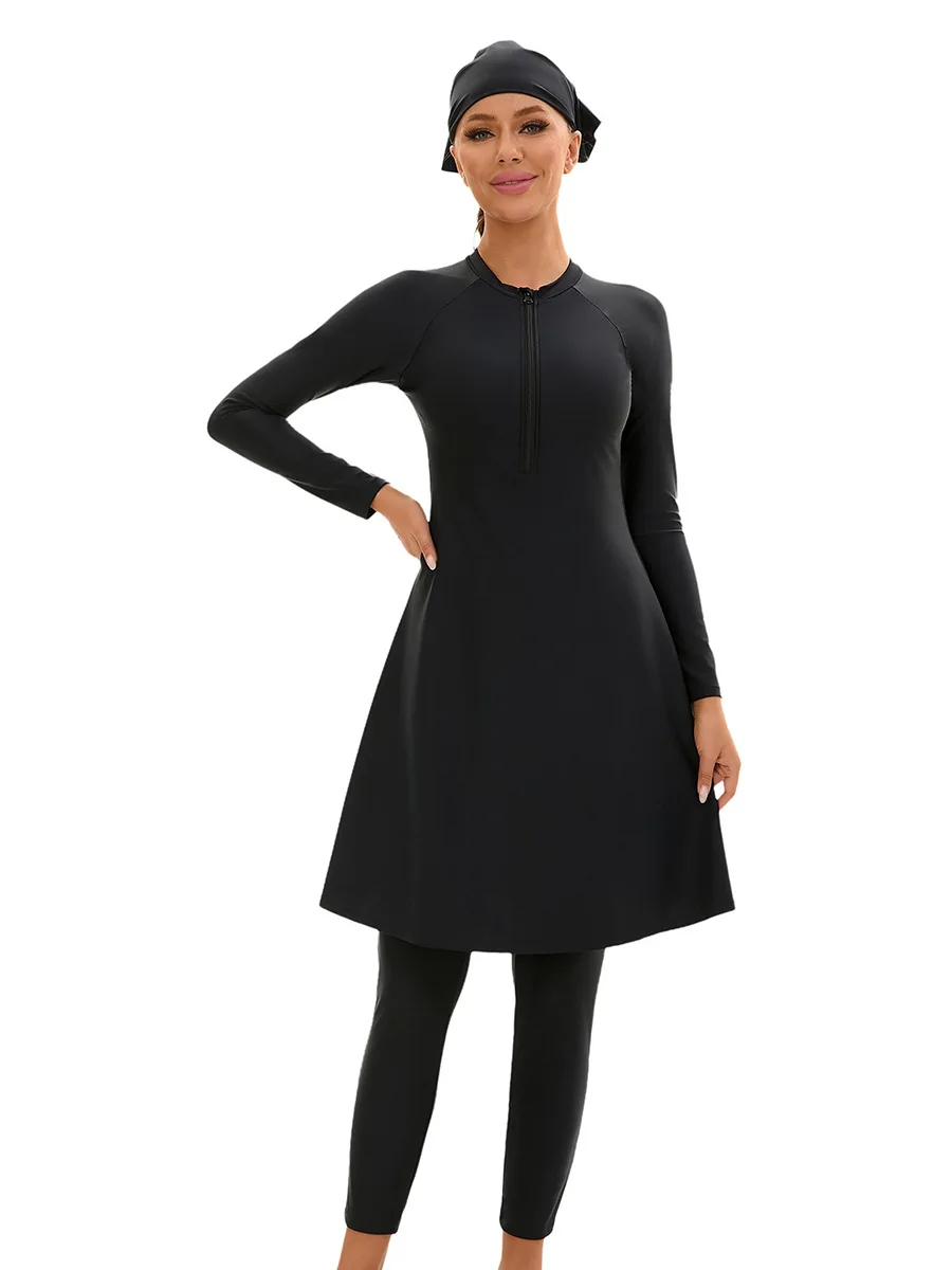 Women's 3-Piece Islamic Modest Swimwear Set - Long-Sleeve Dress + Capri Pants + Headscarf Solid Color Style, Full Coverage