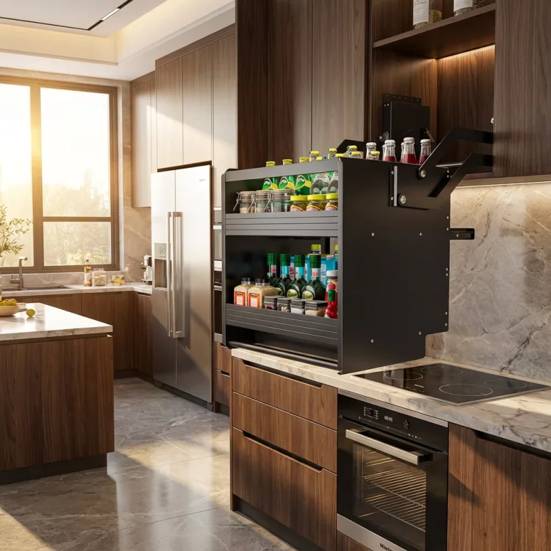 Universal High Cabinet Storage System with Reinforced Metal Frame for Kitchen Efficiency Overhead Pull Down Elevator Basket