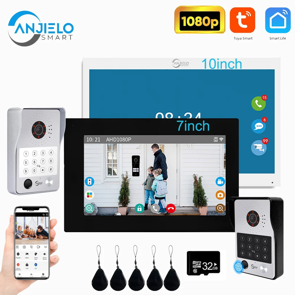

Anjielo tuya 1080P 7/10-дюймовый сенсорный монитор разблокировка отпечатков пальцев видеодомофон дверной звонок система безопасности для виллы дома